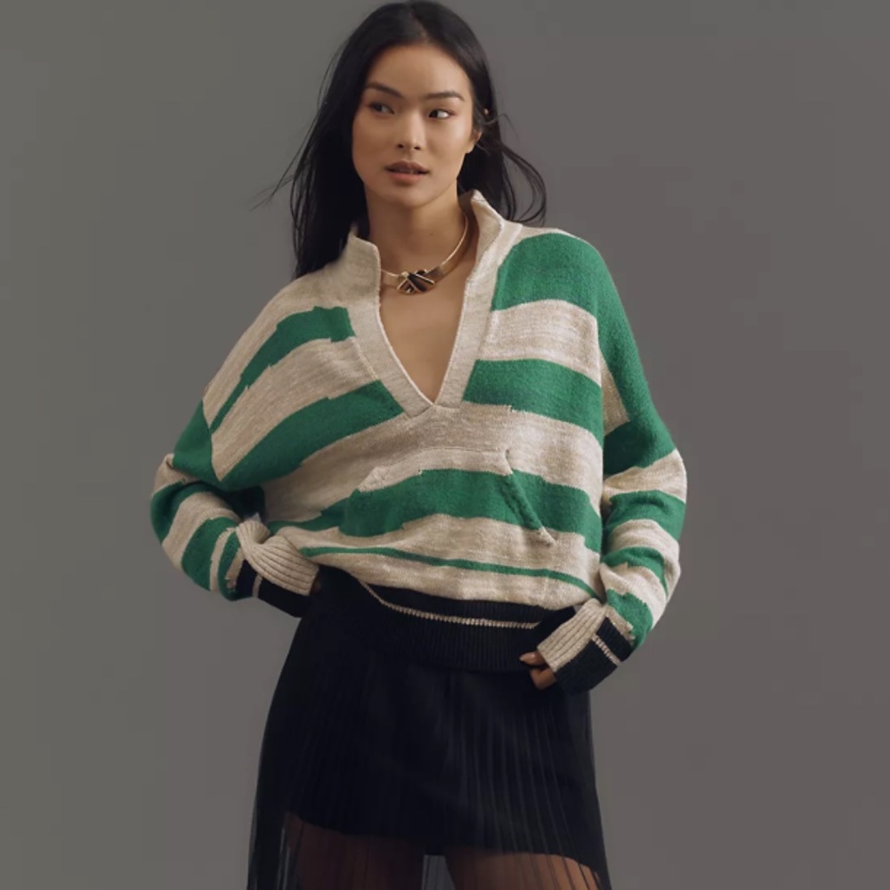 Pilcro Anthropologie V-Neck Rugby Striped Collared Sweater